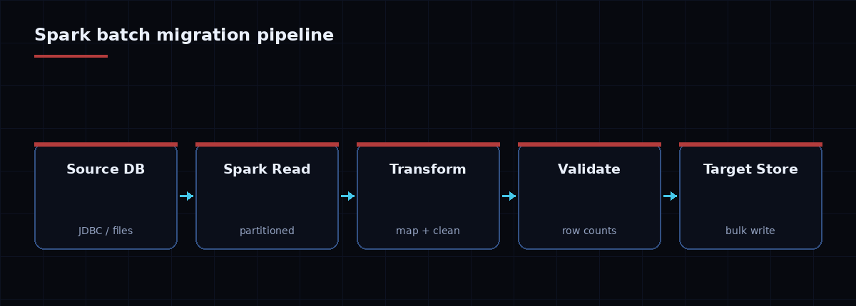 Spark batch migration pipeline: read from a source database in partitions, transform and clean, validate row counts, then bulk-write to the target store